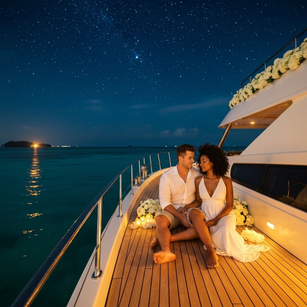 Romantic honeymoon dinner on yacht deck at sunset